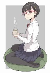 Rule 34 | 1girl, black pantyhose, blouse, blue skirt, brown eyes, brown hair, cup, from side, frown, full body, glasses, grey background, hair ornament, hairclip, holding, holding cup, ina (gokihoihoi), looking at viewer, miniskirt, no shoes, original, outside border, pantyhose, red-framed eyewear, school uniform, shirt, short hair, simple background, sitting, skirt, solo, steam, tea, wariza, white shirt, yunomi