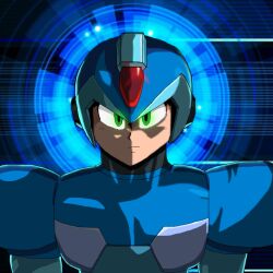 Rule 34 | 1boy, android, armor, blue background, body armor, forehead jewel, glowing, glowing eye, green eyes, helmet, light frown, looking at viewer, male focus, mega man (series), mega man x (series), mega man x dive, shadow, shoulder armor, x (mega man)