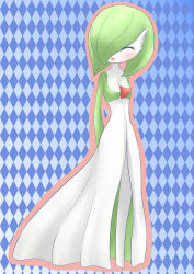 Rule 34 | 1girl, arms behind back, blue background, blush, breasts, closed eyes, creatures (company), enoshito, female focus, full body, game freak, gardevoir, gen 3 pokemon, green hair, hair over one eye, happy, highres, nintendo, open mouth, outline, pokemon, pokemon (creature), pokemon rse, short hair, simple background, small breasts, smile, solo, standing