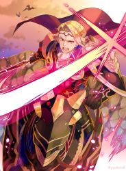 Rule 34 | 1boy, armor, blonde hair, cape, cloud, cloudy sky, fire emblem, fire emblem fates, gloves, highres, holding, holding sword, holding weapon, horseback riding, incoming attack, looking at viewer, nintendo, open mouth, riding, sky, slashing, sword, weapon, xander (fire emblem), yasubaru, yellow eyes