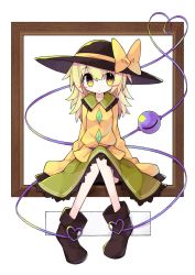 Rule 34 | 1girl, alternate eye color, alternate hair color, alternate hair length, alternate hairstyle, asameshi, black footwear, black hat, blonde hair, blush stickers, bow, bright pupils, commentary request, full body, green skirt, hat, hat bow, heart, heart of string, highres, komeiji koishi, long hair, picture frame, shirt, shoes, sitting, skirt, solo, third eye, touhou, white background, white pupils, wide sleeves, yellow bow, yellow eyes, yellow shirt
