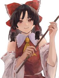 Rule 34 | 1girl, ascot, bare shoulders, black hair, bow, brown eyes, closed mouth, commentary request, detached sleeves, eneshi, eyebrows hidden by hair, fingernails, flat chest, frilled bow, frilled hair tubes, frilled shirt collar, frills, gohei, hair bow, hair tubes, hakurei reimu, hands up, highres, holding, holding stick, light blush, long hair, long sleeves, looking at viewer, red bow, red vest, ribbon-trimmed sleeves, ribbon trim, simple background, sleeves past elbows, smile, solo, stick, touhou, upper body, vest, white background, yellow ascot