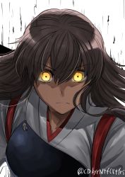 Rule 34 | 1girl, akagi (kancolle), bad id, bad twitter id, brown eyes, brown hair, commentary request, expressionless, glowing, glowing eyes, highres, japanese clothes, kantai collection, kimono, long hair, looking at viewer, motion lines, muneate, one-hour drawing challenge, simple background, solo, straight hair, tasuki, twitter username, white background, white kimono, zombie mogura