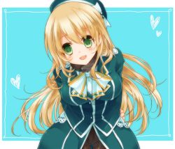 Rule 34 | 10s, 1girl, :d, arms behind back, atago (kancolle), beret, blonde hair, green eyes, hat, kantai collection, long hair, looking at viewer, military, momoiro, open mouth, pantyhose, smile, solo