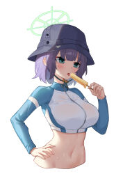 Rule 34 | 1girl, absurdres, aqua eyes, black hat, blue archive, blunt bangs, blush, breasts, bucket hat, commentary, cropped jacket, cropped torso, curvy, eyebrows hidden by hair, food, green halo, halo, hand on own hip, hand up, hat, highres, holding, holding food, holding popsicle, hot, jacket, large breasts, multicolored clothes, multicolored jacket, navel, official alternate costume, popsicle, purple hair, qumai79, saki (blue archive), saki (swimsuit) (blue archive), short hair, simple background, solo, stomach, sweat, tongue, tongue out, two-tone jacket, upper body, white background