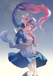Rule 34 | 1girl, apron, blue dress, blue hair, boots, braid, breasts, closed mouth, collarbone, commentary request, dress, fire emblem, fire emblem fates, frills, gradient background, gradient hair, hand on own chest, highres, knee boots, lilith (fire emblem), lips, long hair, medium breasts, misu kasumi, multicolored hair, nintendo, pantyhose, pink hair, puffy sleeves, simple background, single braid, solo, very long hair, white pantyhose, yellow eyes