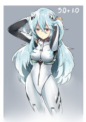 1girl, absurdres, alternate hair length, alternate hairstyle, ayanami rei, bangs, blue hair, bodysuit, breasts, commentary, evangelion: 3.0+1.0 thrice upon a time, eyebrows visible through hair, highres, long hair, neon genesis evangelion, plugsuit, rebuild of evangelion, red eyes, shiny, shiny clothes, shiny hair, sidelocks, small breasts, solo, spoilers, sudhiro sappurisa, very long hair