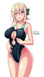 Rule 34 | 1girl, blonde hair, braid, braided bangs, braided bun, breasts, cleavage cutout, clothing cutout, cowboy shot, dated, hair bun, highleg, highleg swimsuit, highres, kantai collection, large breasts, long hair, looking at viewer, montemasa, one-hour drawing challenge, perth (kancolle), purple eyes, simple background, solo, standing, swimsuit, twitter username, white background