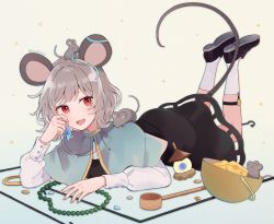 Rule 34 | 1girl, :d, animal, animal ears, animal on head, basket, bead necklace, beads, bishamonten&#039;s pagoda, black footwear, black skirt, black vest, blue capelet, blush, capelet, cheese, commission, dot nose, dowsing rod, feet up, fingernails, food, full body, grey hair, highres, jewelry, ladle, leg strap, long sleeves, looking at viewer, lying, mouse (animal), mouse ears, mouse girl, mouse on head, mouse tail, mozukuzu (manukedori), nail polish, nazrin, necklace, on head, on stomach, open mouth, pendant, pink nails, prayer beads, red eyes, ring, shirt, shoes, short hair, simple background, skeb commission, skirt, skirt set, sleeve cuffs, smile, socks, solo, swept bangs, tail, touhou, twitter username, vest, white background, white shirt, white socks
