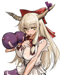 Rule 34 | 1girl, aged up, alternate breast size, blonde hair, bow, breasts, eyebrows, gourd, hair bow, horn ornament, horn ribbon, horns, ibuki suika, jonylaser, large breasts, long hair, looking at viewer, open mouth, platinum blonde hair, purple ribbon, purple skirt, red bow, ribbon, sash, shirt, sidelocks, skirt, sleeveless, sleeveless shirt, solo, tongue, tongue out, touhou, upper body, white background, white shirt, yellow eyes