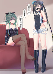 Rule 34 | 2girls, bdsm, black one-piece swimsuit, gag, gagged, green eyes, green hair, grey hair, highres, kantai collection, leather, multiple girls, nuppunuppu, one-piece swimsuit, scamp (kancolle), short shorts, shorts, swimsuit, yamakaze (kancolle)