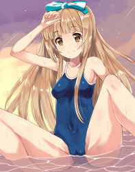 Rule 34 | 10s, 1girl, arm up, armpits, bare legs, bare shoulders, blue one-piece swimsuit, blunt bangs, blush, bow, breasts, brown eyes, cameltoe, cleft of venus, closed mouth, cloud, collarbone, competition school swimsuit, covered navel, evening, hair bow, hand on forehead, idolmaster, idolmaster cinderella girls, katsuto, legs apart, light brown hair, long hair, one-piece swimsuit, outdoors, school swimsuit, shiny skin, sitting, skin tight, small breasts, smile, solo, spread legs, striped, striped bow, sunlight, swimsuit, tareme, very long hair, water, wet, wet clothes, wet swimsuit, yorita yoshino