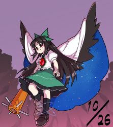 Rule 34 | 1girl, arm cannon, asymmetrical footwear, black hair, bow, cape, closed mouth, commentary request, dated, full body, green bow, green skirt, hair bow, itani illust, long hair, looking at viewer, mismatched footwear, red eyes, reiuji utsuho, shirt, skirt, solo, starry sky print, third eye, touhou, weapon, white cape, white shirt