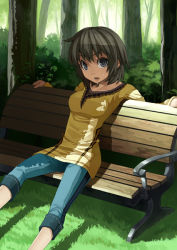 Rule 34 | 1girl, bench, brown hair, capri pants, casual, day, denim, grass, grey eyes, leaning back, long sleeves, looking at viewer, murata taichi, open mouth, outdoors, pants, shade, short hair, sitting, solo, sweat, tree