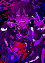 Rule 34 | 1boy, absurdres, chain, earrings, highres, jewelry, kuroume (aihikarikuroume24), long sleeves, looking at viewer, nail polish, open mouth, original, pink eyes, purple hair, short hair, solo, stuffed animal, stuffed toy, teddy bear, teeth, tongue, tongue out, white nails