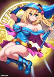 Rule 34 | 1girl, bare shoulders, blonde hair, blue footwear, blue hat, blush, boots, breasts, cleavage, collarbone, dark magician girl, duel monster, green eyes, hair between eyes, hat, highres, holding, holding wand, kinnan, large breasts, looking at viewer, magic circle, solo, wand, wizard hat, yu-gi-oh!