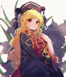 Rule 34 | 1girl, black hat, black sleeves, blonde hair, bow, breasts, chinese clothes, closed mouth, crescent, eyes visible through hair, floral background, flower, grey flower, hand up, hat, highres, junko (touhou), light, lily (flower), long hair, long sleeves, looking at viewer, medium breasts, moshihimechan, pom pom (clothes), red eyes, red vest, shadow, smile, solo, touhou, vest, white background, wide sleeves, yellow bow, yellow neckwear