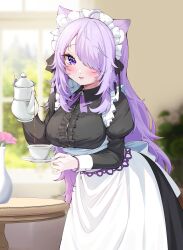 Rule 34 | absurdres, ahoge, alternate costume, animal ears, apron, black dress, blurry, blurry background, blush, breasts, cat ears, cat girl, cup, dress, flower, hair over one eye, hakumai (5fc), highres, holding, holding cup, holding teapot, hololive, indoors, large breasts, long hair, maid, maid day, maid headdress, nekomata okayu, purple eyes, purple hair, smile, star (symbol), star in eye, symbol in eye, table, teapot, vase, virtual youtuber, white apron