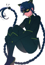 Rule 34 | 1girl, animal ears, black bodysuit, black footwear, blue hair, bodysuit, boots, braid, braided ponytail, breasts, cat ears, chat noir, closed mouth, colored sclera, eye mask, eyelashes, fake animal ears, feet out of frame, fingernails, floating hair, green sclera, hibidaikansya2, hugging own legs, invisible chair, jewelry, knee boots, knees up, long hair, looking at viewer, marinette dupain-cheng, medium breasts, miraculous ladybug, ring, sharp fingernails, sidelocks, simple background, single braid, sitting, slit pupils, small breasts, smile, solo, twitter username, very long hair, white background, yellow eyes