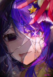 Rule 34 | 1girl, absurdres, blood, blood from mouth, commentary, crack, cracked glass, death, empty eyes, female focus, floating hair, gloves, hair between eyes, hair ornament, highres, hoshino ai (oshi no ko), light particles, long hair, looking at viewer, messy hair, misu (miisuuu), multicolored hair, oshi no ko, pink gloves, pink hair, portrait, purple eyes, purple hair, rabbit hair ornament, sidelocks, signature, solo, split theme, spoilers, star-shaped pupils, star (symbol), star hair ornament, streaked hair, symbol-shaped pupils, turtleneck, v