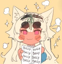 Rule 34 | 1girl, amputee, animal ears, cartoonized, chibi, dark-skinned female, dark skin, english text, looking at viewer, menu, original, pincerpencil, red eyes, sketch, smile, sunglasses, sunglasses on head, tail, toon (style), white hair, yellow background