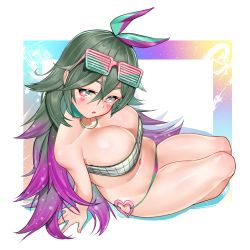 Rule 34 | 1girl, ameli (ameli&#039;s receive) (girls&#039; frontline), ameli (girls&#039; frontline), arm support, bare shoulders, bikini, blush, bow, breasts, cleavage, collarbone, commentary request, eyewear on head, facial mark, from above, girls&#039; frontline, gradient eyes, gradient hair, green hair, hair between eyes, hair bow, hair ornament, hair ribbon, hairclip, head tilt, highres, large breasts, long hair, looking at viewer, midriff, multicolored eyes, multicolored hair, nail polish, navel, o-ring, o-ring bikini, off shoulder, official alternate costume, pink eyes, pink hair, red eyes, ribbon, shiny skin, skindentation, solo, stomach, swimsuit, thick thighs, thighs, urrrt, wide hips