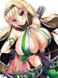 Rule 34 | 1girl, arrow (projectile), bare tree, black gloves, blonde hair, blush, bow (weapon), breasts, cleavage, covered erect nipples, earrings, elf, gloves, green eyes, green thighhighs, hairband, hand on own hip, huge breasts, inma kourin devil carnival, jewelry, long hair, looking at viewer, mikan (5555), open mouth, pointy ears, thighhighs, tree, weapon