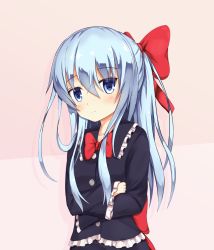 Rule 34 | 10s, 1girl, akabane hibame, alternate costume, alternate hairstyle, aqua hair, bad id, bad pixiv id, blue eyes, blush, bow, bowtie, collar, crossed arms, dress, frilled collar, frilled shirt collar, frilled sleeves, frills, hair bow, hibiki (kancolle), highres, kantai collection, long hair, looking at viewer, ponytail, red bow, solo, upper body