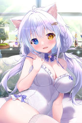 Rule 34 | 1girl, animal ears, arm support, babydoll, bed, blue eyes, bottle, breasts, cat ears, cleavage, covered navel, detached collar, fish hair ornament, hair between eyes, hair ornament, heterochromia, highres, indoors, large breasts, long hair, looking at viewer, mikeou, on bed, open mouth, original, perfume bottle, smile, solo, sunlight, thighhighs, twitter username, upper body, very long hair, white babydoll, white hair, window, yellow eyes