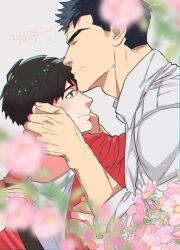 Rule 34 | 2boys, black hair, blue hair, blurry, closed eyes, closed mouth, collared shirt, couple, dark blue hair, dated, depth of field, facial hair, flower, grey background, hood, hoodie, kiss, kissing forehead, light blush, looking at another, makito hanabie, male focus, minato todomi, multiple boys, profile, rabbit in the room, red hoodie, shirt, short hair, sideburns stubble, stubble, twitter username, upper body, white shirt, yan (bltyann), yaoi