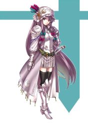 Rule 34 | 1girl, alternate costume, alternate headwear, armor, armored boots, armored dress, bad id, bad twitter id, belt, black thighhighs, boots, bow, crescent, dress, full armor, full body, hair bow, hair ornament, helmet, knight, long hair, long sleeves, looking at viewer, patchouli knowledge, purple eyes, purple hair, simple background, solo, striped, sword, takemori shintarou, thighhighs, touhou, very long hair, weapon, zettai ryouiki