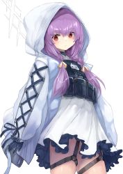 Rule 34 | 1girl, atsuko (blue archive), black gloves, blue archive, bow, braid, bulletproof vest, commentary request, gloves, hair between eyes, hair bow, hair ribbon, halo, highres, long hair, long sleeves, looking at viewer, low twintails, mg42cat-k1ng, purple eyes, red eyes, ribbon, sidelocks, simple background, solo, twin braids, twintails, white background