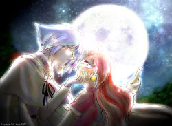 Rule 34 | 1boy, 1girl, alcohol, blue hair, champagne, eye contact, full moon, lens flare, lina inverse, long hair, looking at another, moon, night, outdoors, red hair, short hair, sky, slayers, star (sky), starry sky, zelgadiss graywords, zellina
