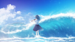 Rule 34 | 1girl, absurdres, blue hair, blue skirt, blue sky, bow (music), cloud, cloudy sky, facing away, floating hair, from behind, furi0831, highres, holding, holding bow (music), holding instrument, holding violin, instrument, legs apart, lens flare, long hair, long skirt, music, ocean, original, playing instrument, pleated skirt, scenery, sea spray, shirt, short sleeves, skirt, sky, solo, standing, violin, wading, waves, white shirt
