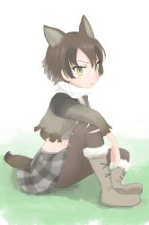 Rule 34 | 10s, 1girl, animal ears, blush, boots, brown hair, fur trim, grey hair, highres, hokkaido wolf (kemono friends), k canyon, kemono friends, miniskirt, multicolored hair, open mouth, short hair, sitting, skirt, solo, tail, thighhighs, torn clothes, two-tone hair, wolf ears, wolf tail, yellow eyes