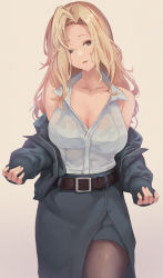 Rule 34 | 1girl, belt, black belt, black pantyhose, black skirt, blonde hair, breasts, cleavage, commentary request, dress shirt, grey eyes, highres, hornet (kancolle), kantai collection, large breasts, long hair, looking at viewer, nev (nevblindarts), pantyhose, pencil skirt, shirt, simple background, skirt, solo, wet, wet clothes, wet shirt, white background, white shirt