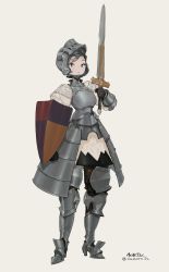 Rule 34 | 1girl, armor, armored boots, boots, breastplate, fantasy, faulds, female focus, female knight, full body, gauntlets, helmet, high heels, highres, holding, holding shield, holding sword, holding weapon, knight, looking at viewer, nanora, original, puffy sleeves, shield, simple background, skirt, solo, standing, sword, twitter username, weapon, white background