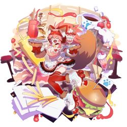 Rule 34 | 1girl, bacon, bell, burger, coffee, dress, fangs, fate/grand order, fate (series), food, french fries, highres, ketchup, lostroom outfit (fate), mini flag, mustard, neck bell, one eye closed, pancake, parfait, pink hair, roller skates, skates, striped clothes, striped dress, sugar cube, tamamo (fate), tamamo cat (fate), tetsu (teppei), thighhighs, tray