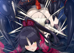 Rule 34 | 1girl, arms behind back, ass, bare shoulders, bestiality, black hair, blush, bound, bound arms, breasts, bug, censored, erection, fate/grand order, fate (series), hetero, horosuke, imminent penetration, imminent rape, joints, katou danzou (fate), long hair, looking at viewer, mechanical arms, monster, open mouth, parted bangs, penis, ponytail, red scarf, restrained, robot joints, scarf, silk, spider, spider web, teeth, thighs, top-down bottom-up, yellow eyes