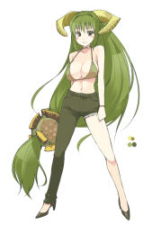 Rule 34 | 1girl, :d, asymmetrical clothes, bikini, bikini top only, blush, bracelet, breasts, brown eyes, color guide, duramboros, full body, green bikini, green hair, green pants, high heels, horns, jewelry, large breasts, legs apart, long hair, looking at viewer, low-tied long hair, monster hunter (series), ohta yuichi, open mouth, pants, personification, simple background, single pantsleg, smile, solo, standing, swimsuit, very long hair, white background