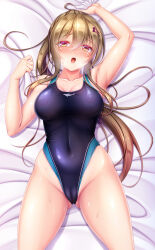 Rule 34 | 1girl, arm up, bed sheet, blush, breasts, brown eyes, brown hair, cameltoe, commission, competition swimsuit, covered navel, gluteal fold, hair between eyes, hair ornament, hairclip, highres, hiro (725611), long hair, looking at viewer, lying, medium breasts, nipples, on back, one-piece swimsuit, open mouth, original, pixiv commission, sheet grab, solo, spread legs, swimsuit, teeth, thighs, upper teeth only