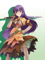 Rule 34 | 1girl, belt, blush, brown capelet, brown dress, brown gloves, brown socks, capelet, chest guard, closed mouth, commentary request, cowboy shot, dress, gauntlets, gloves, gradient background, green background, green belt, hair between eyes, holding, holding sword, holding weapon, kneehighs, long hair, looking at viewer, mizuki hitoshi, purple eyes, purple hair, ragnarok online, simple background, smile, socks, solo, standing, sword, swordsman (ragnarok online), weapon