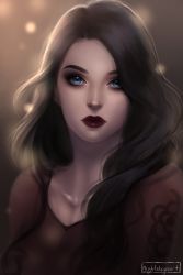 Rule 34 | 1girl, absurdres, warrior of light (ff14), black hair, blue eyes, blurry, blurry background, commission, final fantasy, final fantasy xiv, forehead, highres, hyur, lips, lipstick, long hair, looking at viewer, makeup, nightskeyes, portrait, realistic, solo, wavy hair