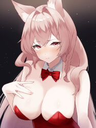 Rule 34 | 1girl, absurdres, animal ears, arknights, bare shoulders, black background, bow, bowtie, breasts, commentary request, detached collar, dr.lamina, hand on own chest, highres, large breasts, leotard, long hair, looking at viewer, pink eyes, pink hair, pozyomka (arknights), red bow, red bowtie, red leotard, smile, solo, strapless, strapless leotard, upper body, very long hair, wolf ears