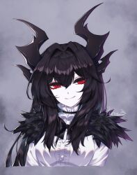 Rule 34 | 1girl, alduin, black bow, black bowtie, black hair, bow, bowtie, buttons, center frills, closed mouth, collar, cropped torso, dragon girl, dragon horns, frilled collar, frills, genderswap, genderswap (mtf), grey background, hair between eyes, hair intakes, highres, horns, kfre (gehm8472), long hair, long sleeves, looking at viewer, okamura (okamura086), pale skin, personification, red eyes, shirt, sidelocks, signature, slit pupils, smile, solo, the elder scrolls, the elder scrolls v: skyrim, white shirt