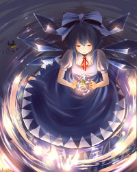 Rule 34 | 1girl, blue dress, blue hair, bow, cirno, dress, female focus, frog, from above, frozen, frozen frog, glowing, hair bow, highres, hosimo, ice, purple theme, ripples, serious, short hair, solo, embodiment of scarlet devil, touhou, water, wings