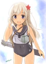 Rule 34 | 10s, 1girl, blonde hair, blue eyes, crop top, flower, hair flower, hair ornament, kantai collection, mashayuki, one-piece tan, ro-500 (kancolle), sailor collar, school swimsuit, solo, swimsuit, swimsuit under clothes, tan, tanline, torpedo