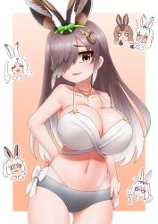 Rule 34 | 6+girls, alternate breast size, animal ears, arctic hare (kemono friends), arm at side, bikini, border, bow, bow bikini, bow hairband, breasts, brown eyes, brown hair, chibi, cleavage, closed eyes, collarbone, cowboy shot, crescent, crescent hair ornament, dark-skinned female, dark skin, eating, european hare (kemono friends), extra ears, food, food in mouth, furrowed brow, gluteal fold, green bow, grey hair, hair ornament, hair over one eye, hairband, hand on own chin, hand on own hip, heart, highres, holding, holding food, huge breasts, japanese hare (kemono friends), jewelry, kemono friends, kemono friends 3, large breasts, layered bikini, layered clothes, legs apart, long bangs, long hair, looking at another, looking at viewer, mochi, mountain hare (kemono friends), multicolored hair, multiple girls, navel, o o, official alternate costume, outside border, parted bangs, parted lips, pendant, pointing, pointing at another, rabbit ears, skindentation, smile, snowshoe hare (kemono friends), solo focus, stomach, strap gap, swimsuit, trembling, tsukuyomi shinshi (kemono friends), two-tone hair, very long hair, white border, white bow, white hair, yonkuron
