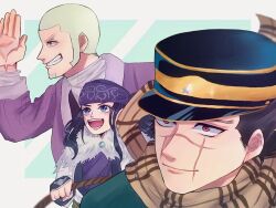 Rule 34 | 1girl, 2boys, ajtm007, asirpa, blue eyes, coat, commentary request, golden kamuy, hat, long hair, looking to the side, military hat, multiple boys, red eyes, scar, scar on face, scarf, shiraishi yoshitake, short hair, simple background, smile, sugimoto saichi, white hair