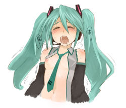 Rule 34 | 1girl, blush, breasts, closed eyes, green hair, h (158cm), hatsune miku, headset, necktie, nipples, open clothes, open mouth, sexually suggestive, solo, translated, twintails, upper body, vocaloid